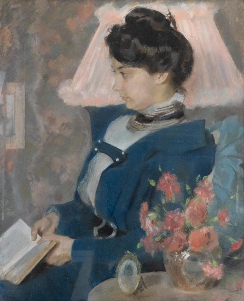 Ritratto di una signora seduta di profilo con in mano un libro (forse un ritratto di Eva Gonzalès)